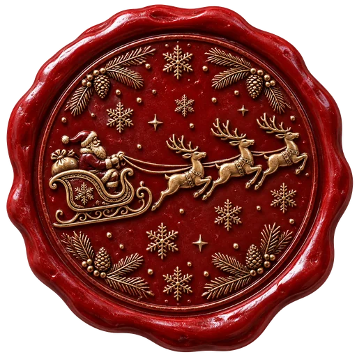 North Pole wax seal with Santa's sleigh and reindeer