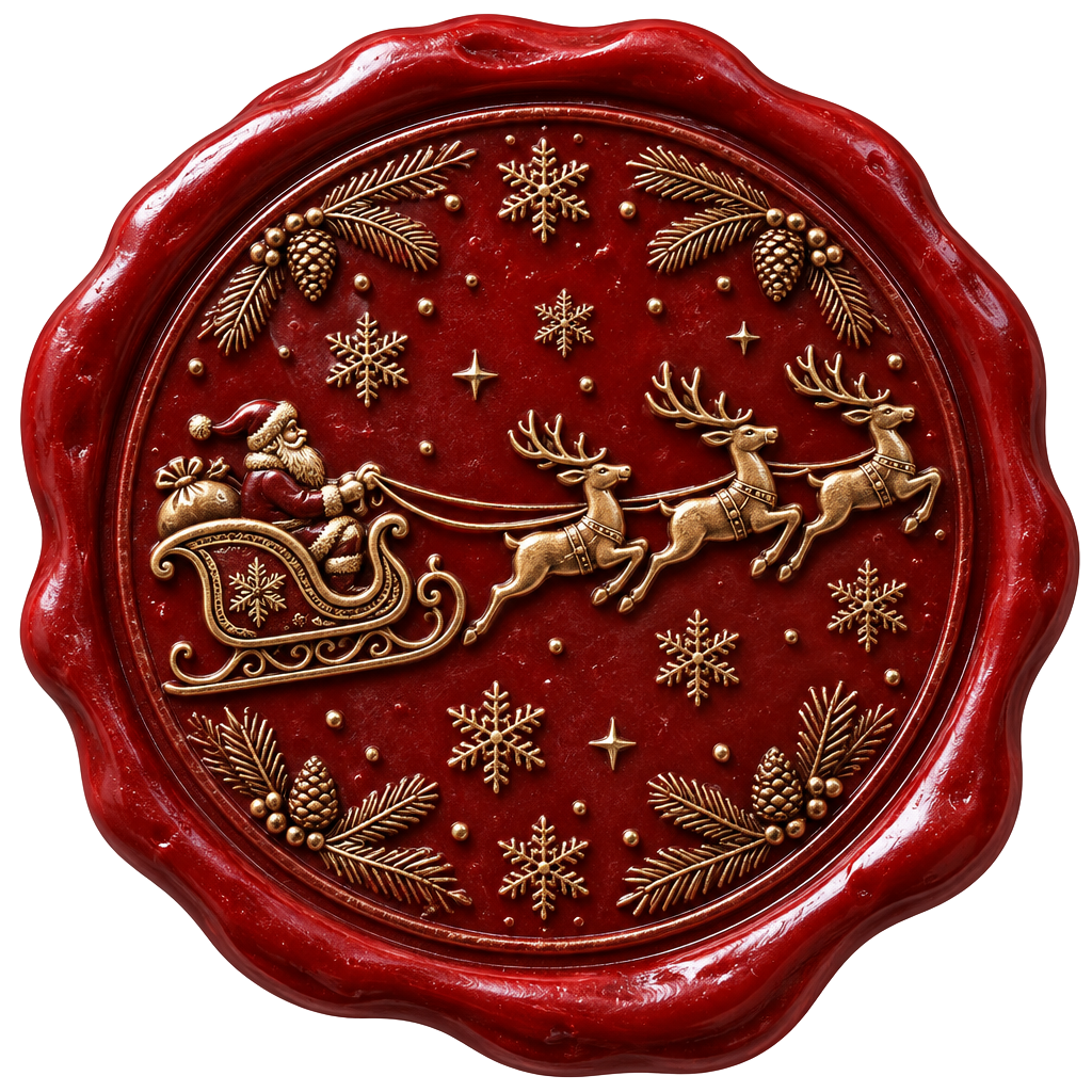 North Pole wax seal with Santa's sleigh and reindeer